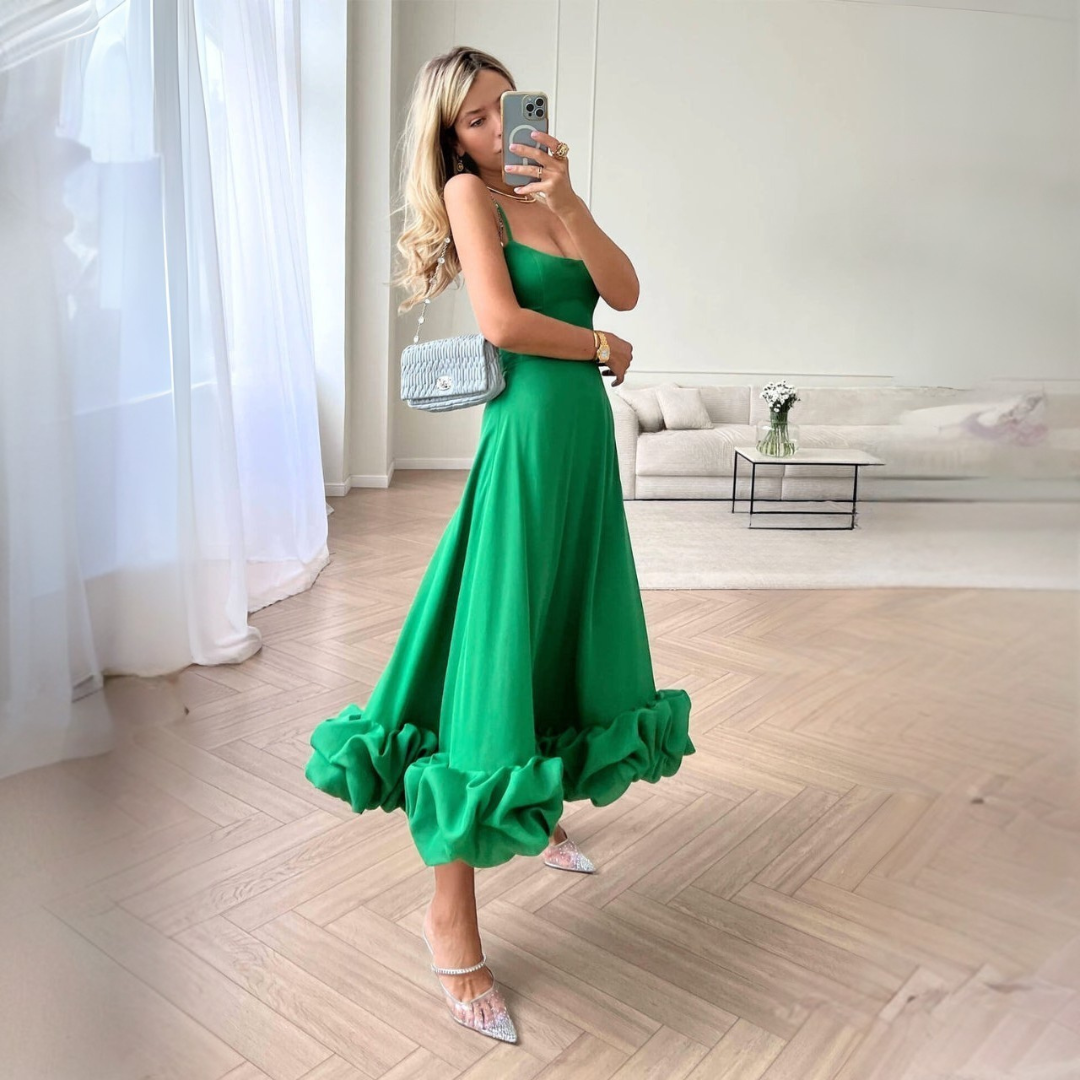 Ismène - Robe Midi Froncé Femme Elégante Vert
