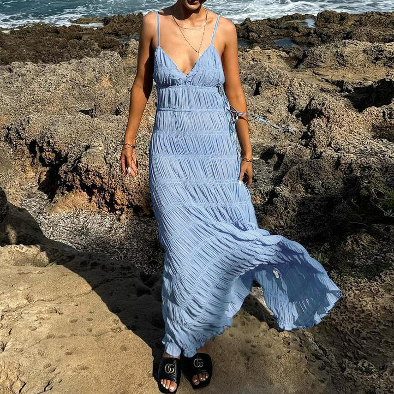 Itzel - Robe à bretelles avec décolleté profond en V et tissu structuré Bleu