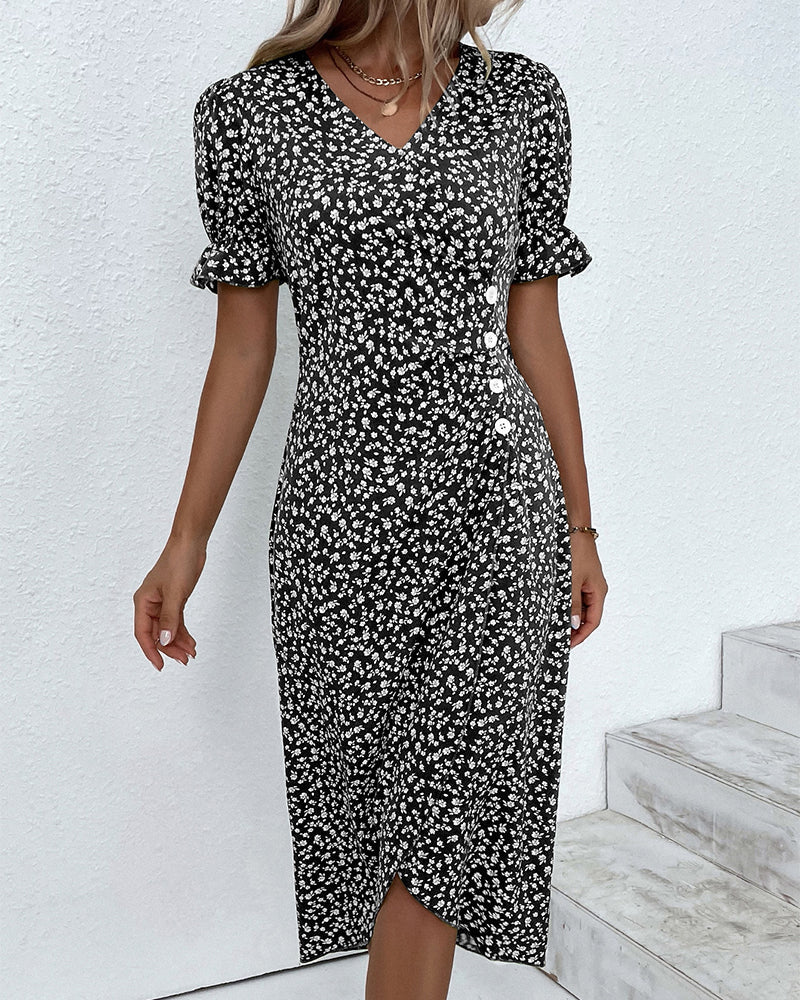 Jacinthe - Robe à manches courtes imprimée de fleurs Noir