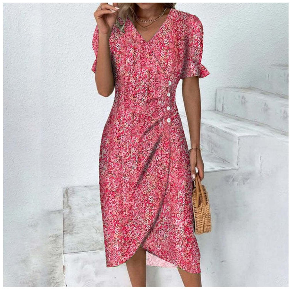 Jacinthe - Robe à manches courtes imprimée de fleurs Rose