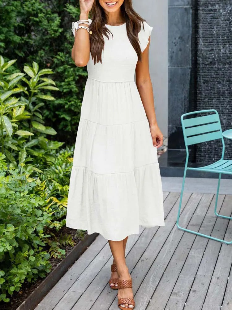 Joëlle - Robe d'été élégante à volants, poches Blanc
