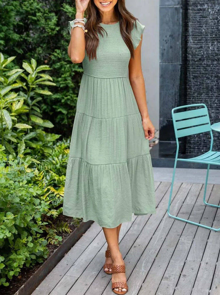 Joëlle - Robe d'été élégante à volants, poches Vert clair