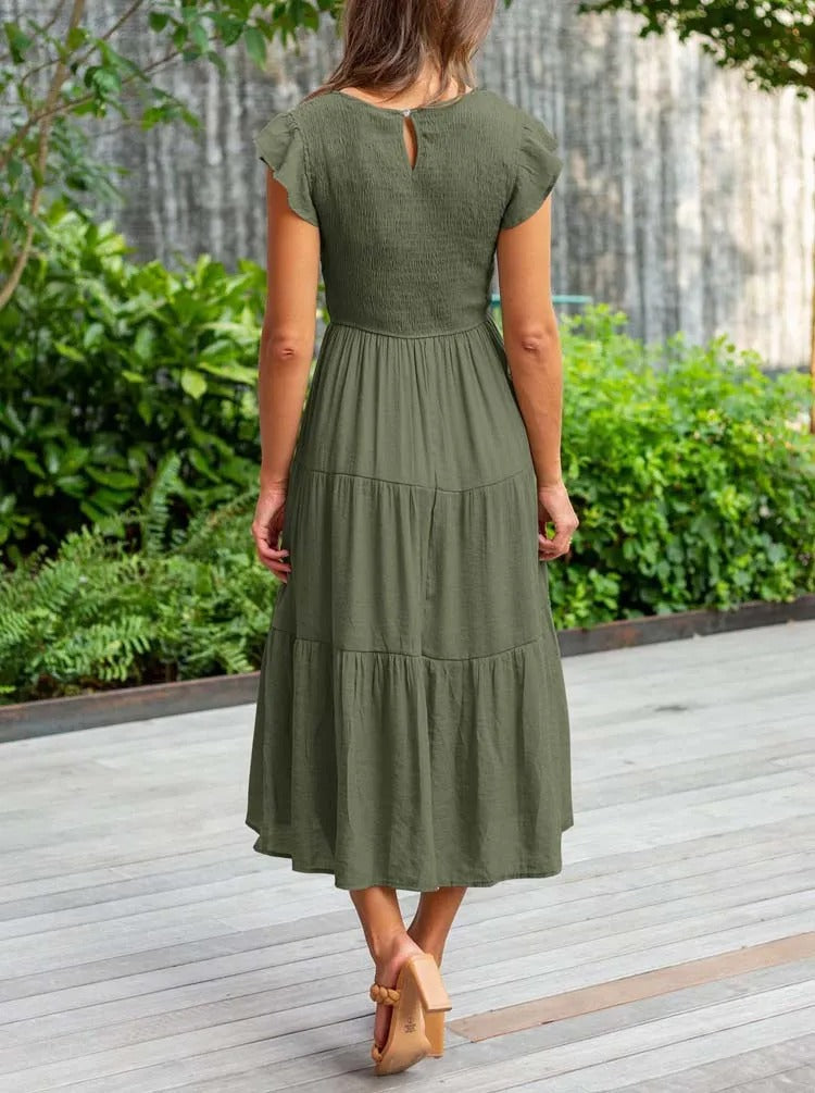 Joëlle - Robe d'été élégante à volants, poches Vert foncé