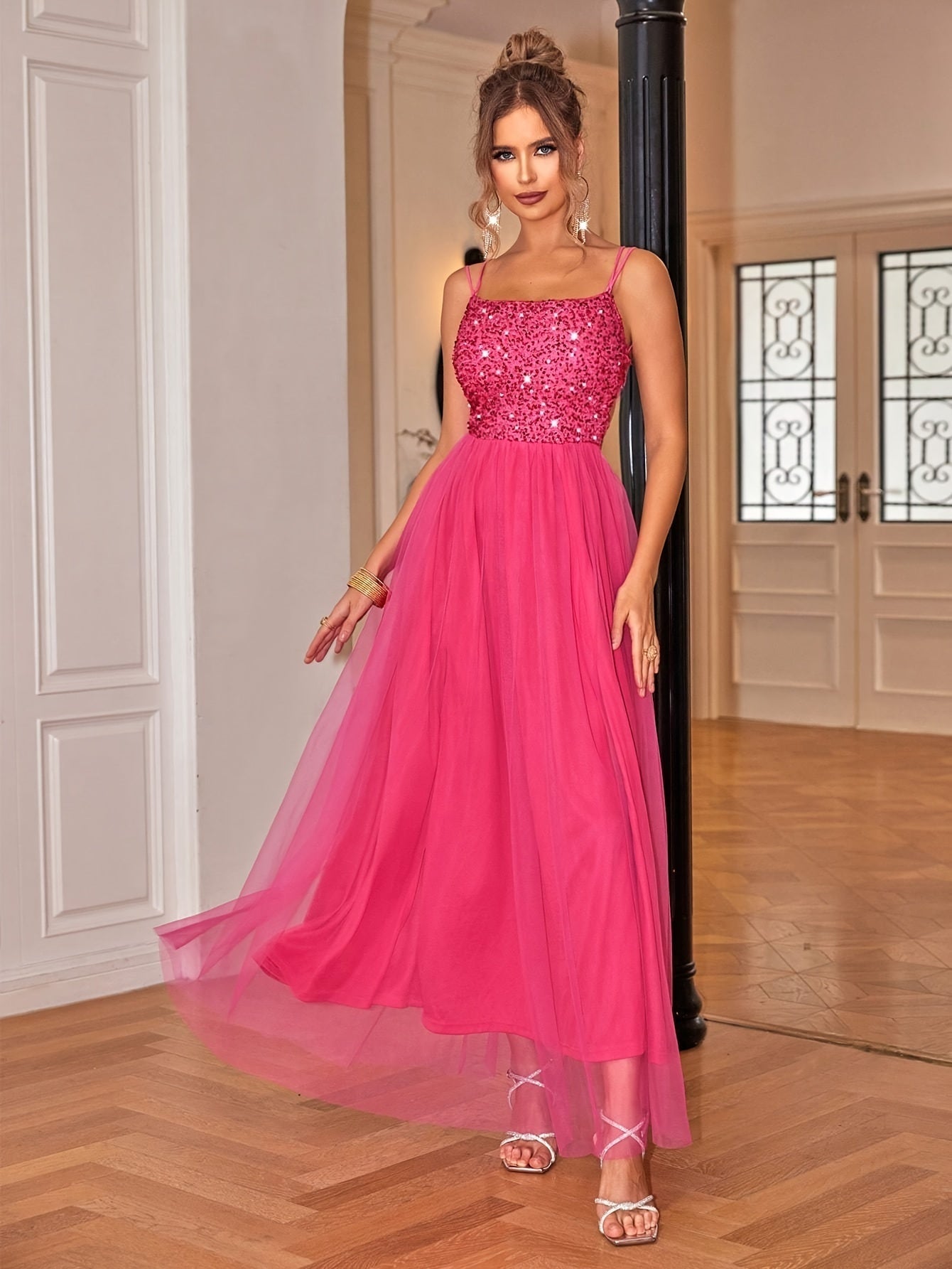 Josiane - Robe de soirée noire à paillettes Rose foncé