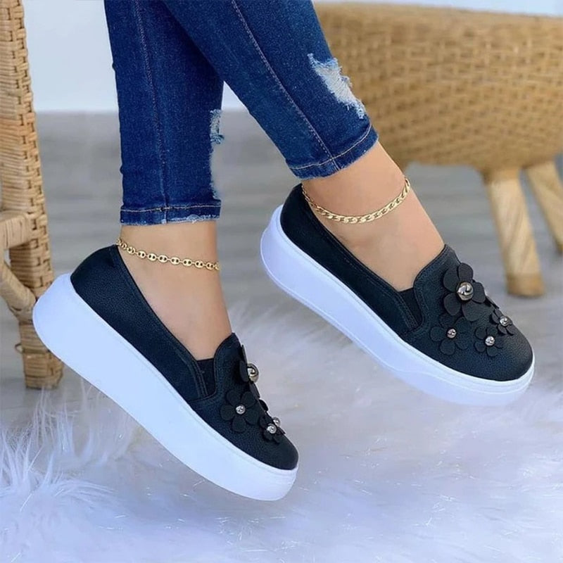 Kélya - Chaussons confortables à fleurs pour femmes Noir