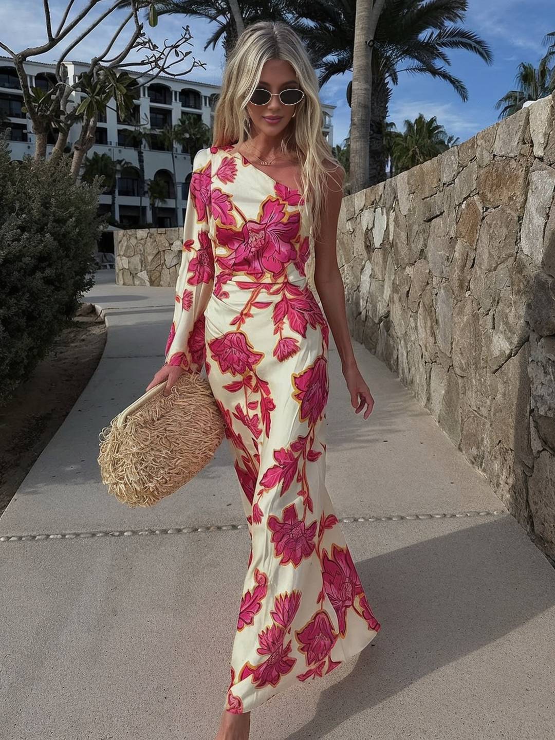 Katia – Robe Longue Satin Fleurie Une Épaule Élégante 1