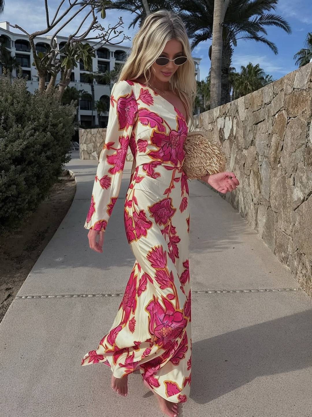 Katia – Robe Longue Satin Fleurie Une Épaule Élégante 2