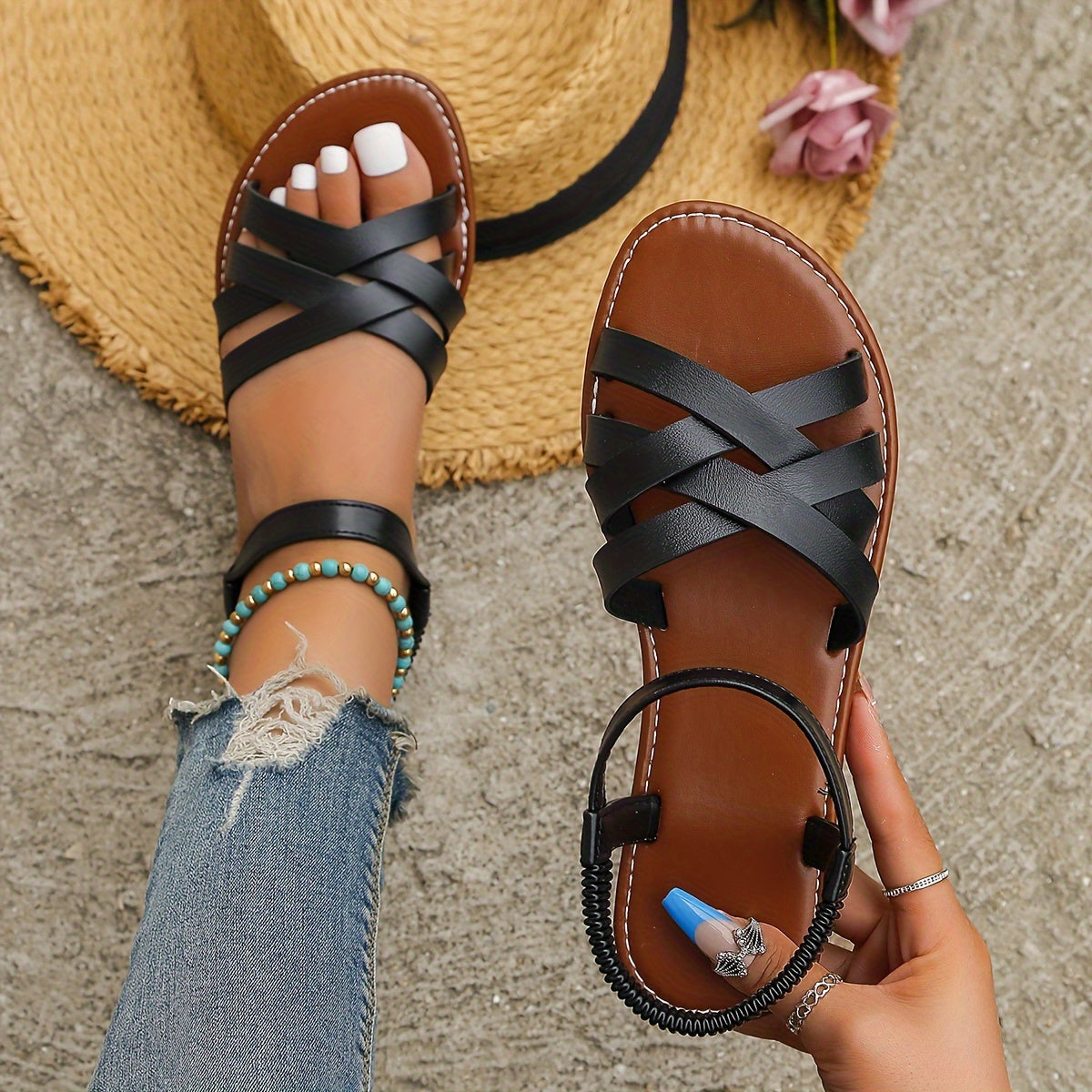 Kelly - Sandales d’Été pour Femme Légères et Confortables avec Élastique Noir