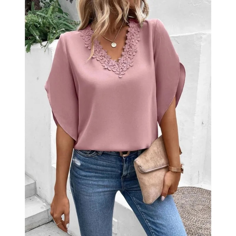 Kenza - Blouse pour Femme Décontractée avec Dentelle Élégante Rose