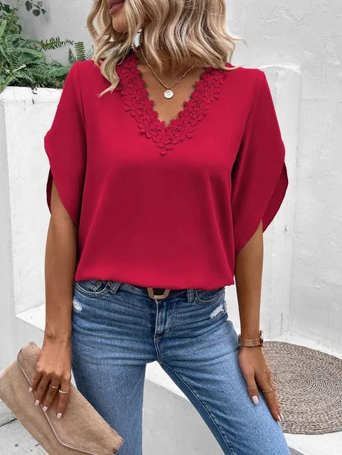 Kenza - Blouse pour Femme Décontractée avec Dentelle Élégante Rouge