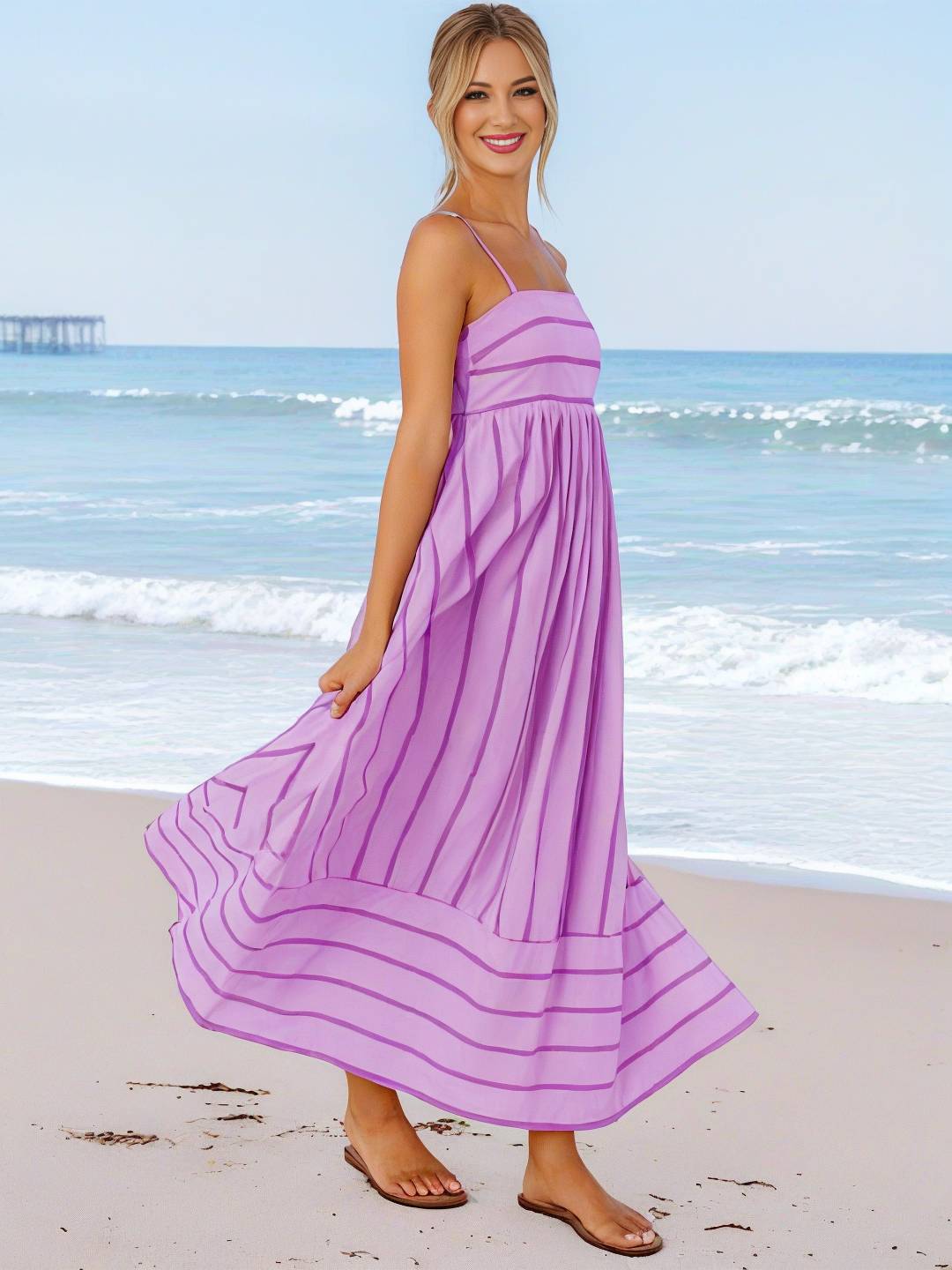 Laurine – Robe Longue Rayée Dos Nu Plage Décontractée 19