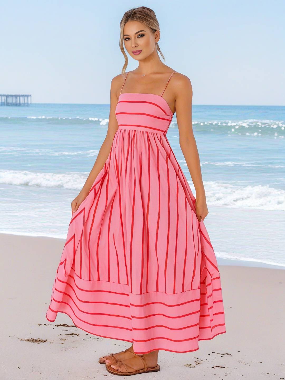 Laurine – Robe Longue Rayée Dos Nu Plage Décontractée 2