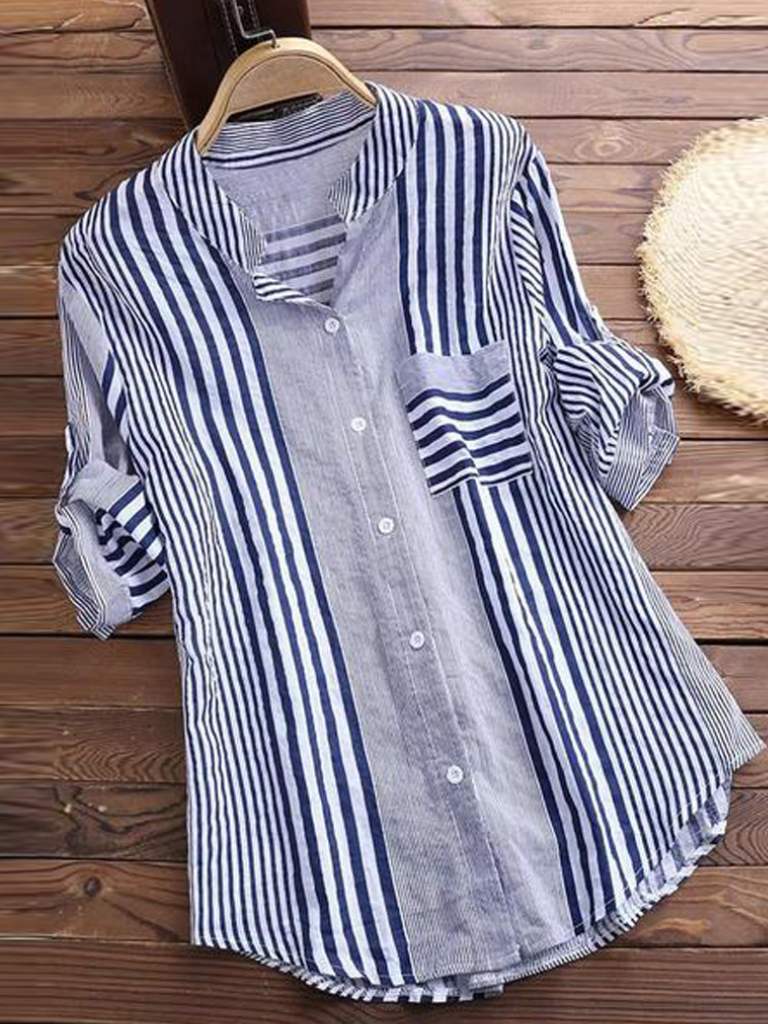 Liorah - Blouse Rayée En Coton Lin Bleu