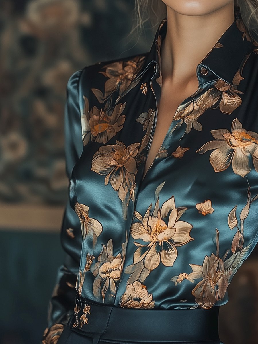 Loriane - Florale Satiné Imprimé Chemisier Bleu 3