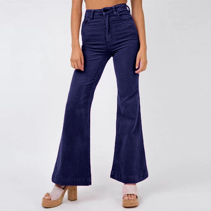 Louisa - Pantalon évasé en Velours Côtelé avec Poches pour Femmes Bleu