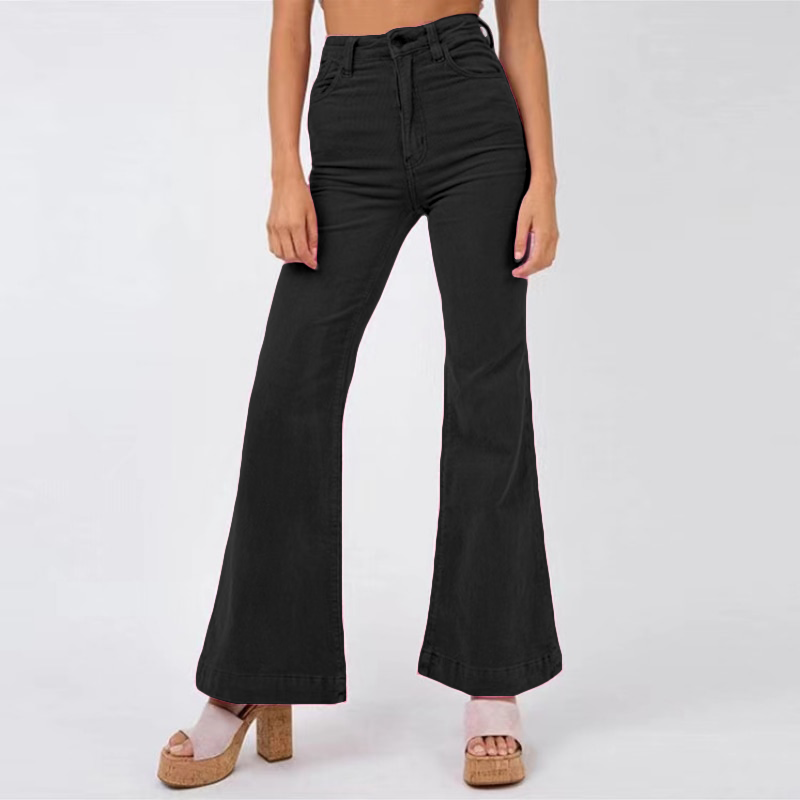 Louisa - Pantalon évasé en Velours Côtelé avec Poches pour Femmes Noir