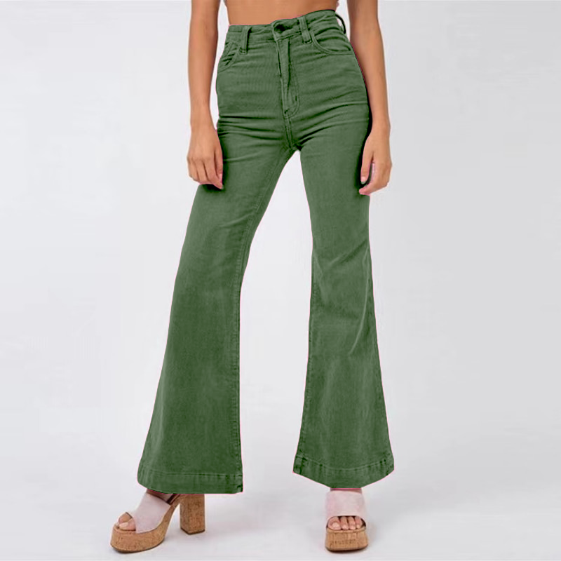 Louisa - Pantalon évasé en Velours Côtelé avec Poches pour Femmes Vert