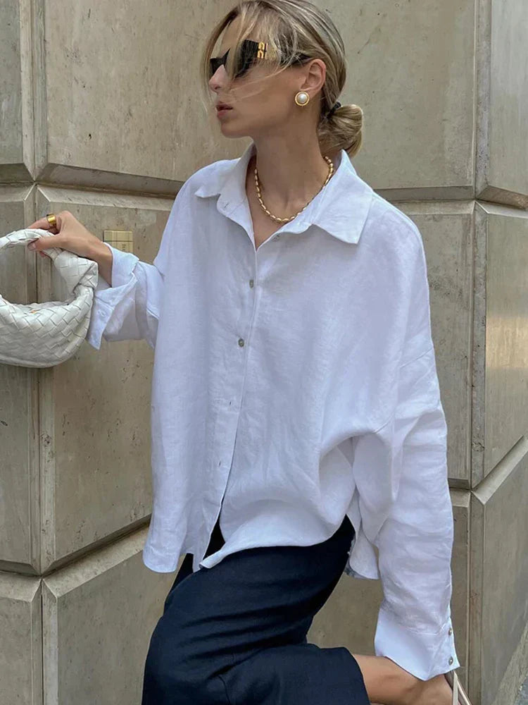 Ludivine - Surdimensionné Lin Chemisier Pour Femmes Blanc