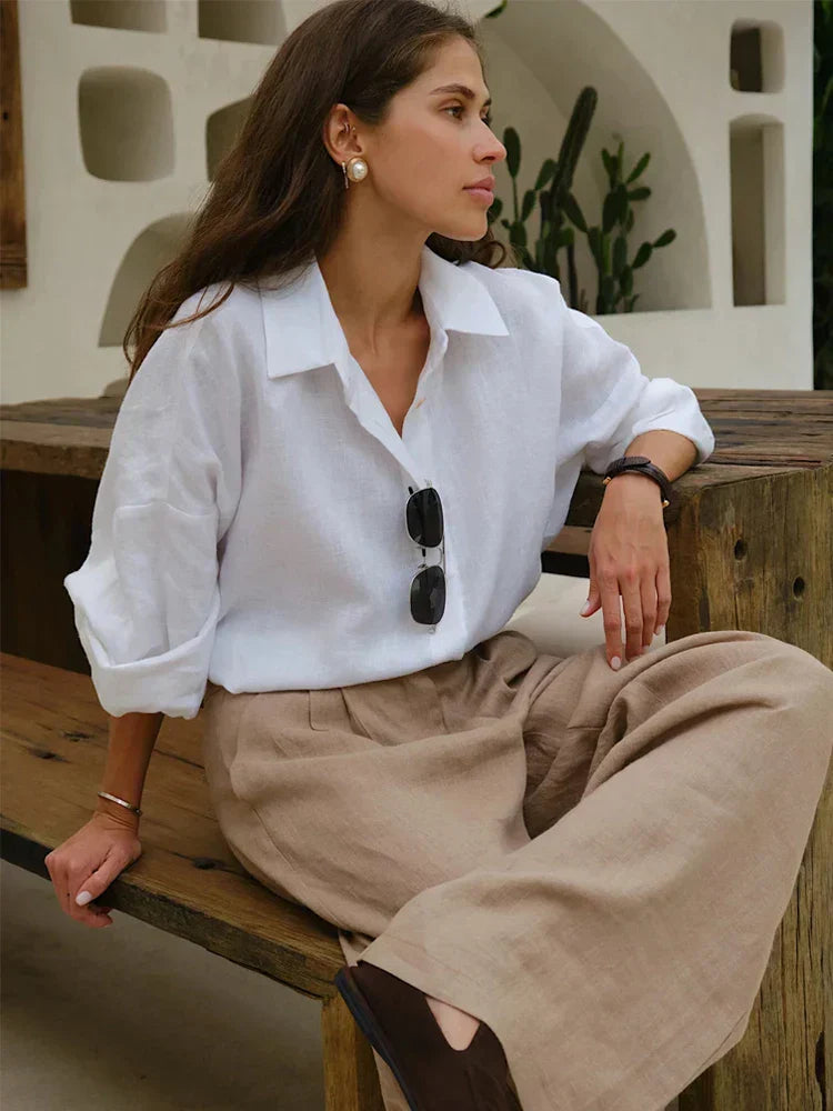 Ludivine - Surdimensionné Lin Chemisier Pour Femmes Blanc 2