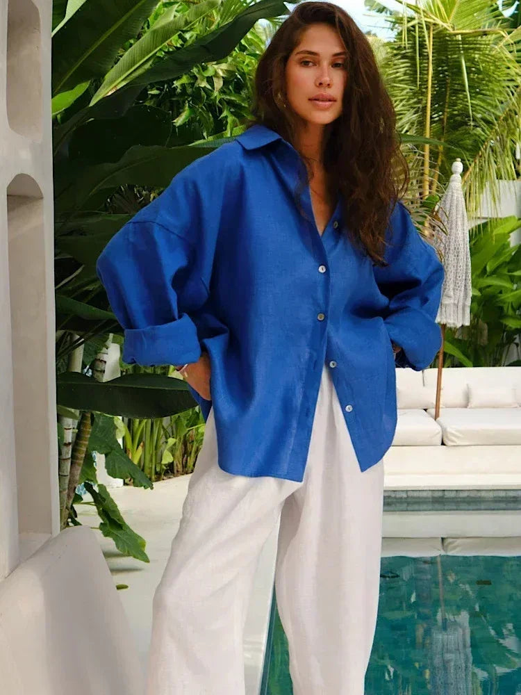Ludivine - Surdimensionné Lin Chemisier Pour Femmes Bleu