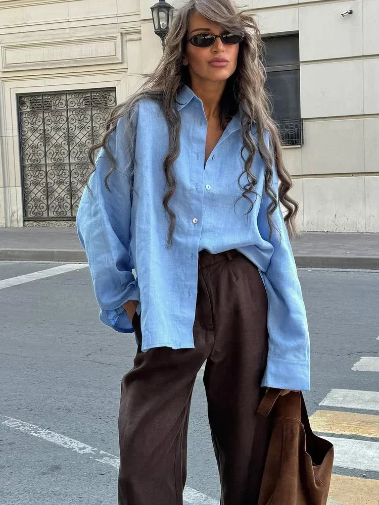 Ludivine - Surdimensionné Lin Chemisier Pour Femmes Bleu clair