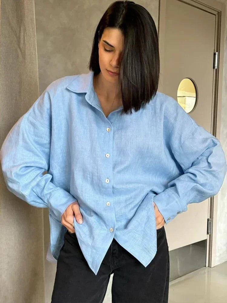 Ludivine - Surdimensionné Lin Chemisier Pour Femmes Bleu clair 2
