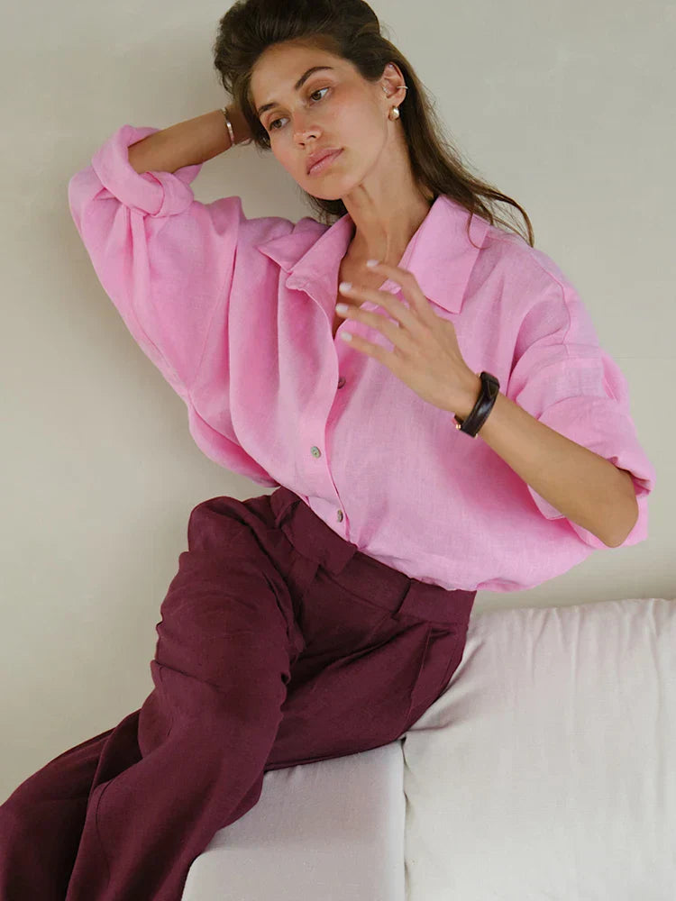 Ludivine - Surdimensionné Lin Chemisier Pour Femmes Rose