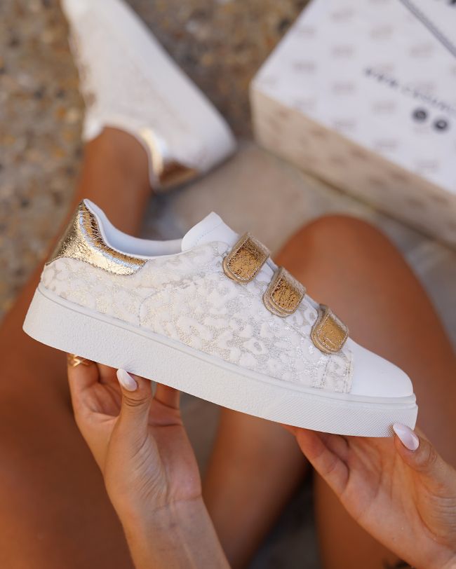 Maëlys – Baskets Femme Blanches Dorées Léopard à Scratch 2