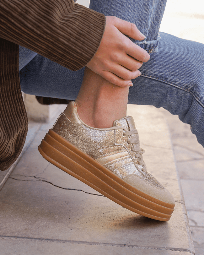 Manon – Baskets Compensées Femme Dorées à Lacets 2