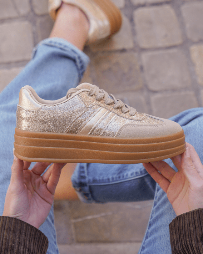 Manon – Baskets Compensées Femme Dorées à Lacets 4