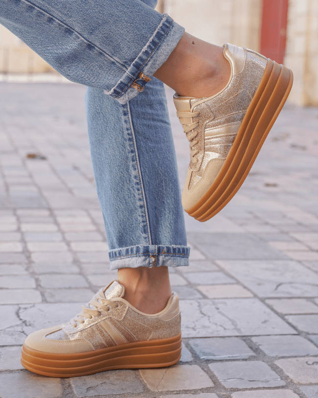 Manon – Baskets Compensées Femme Dorées à Lacets 5