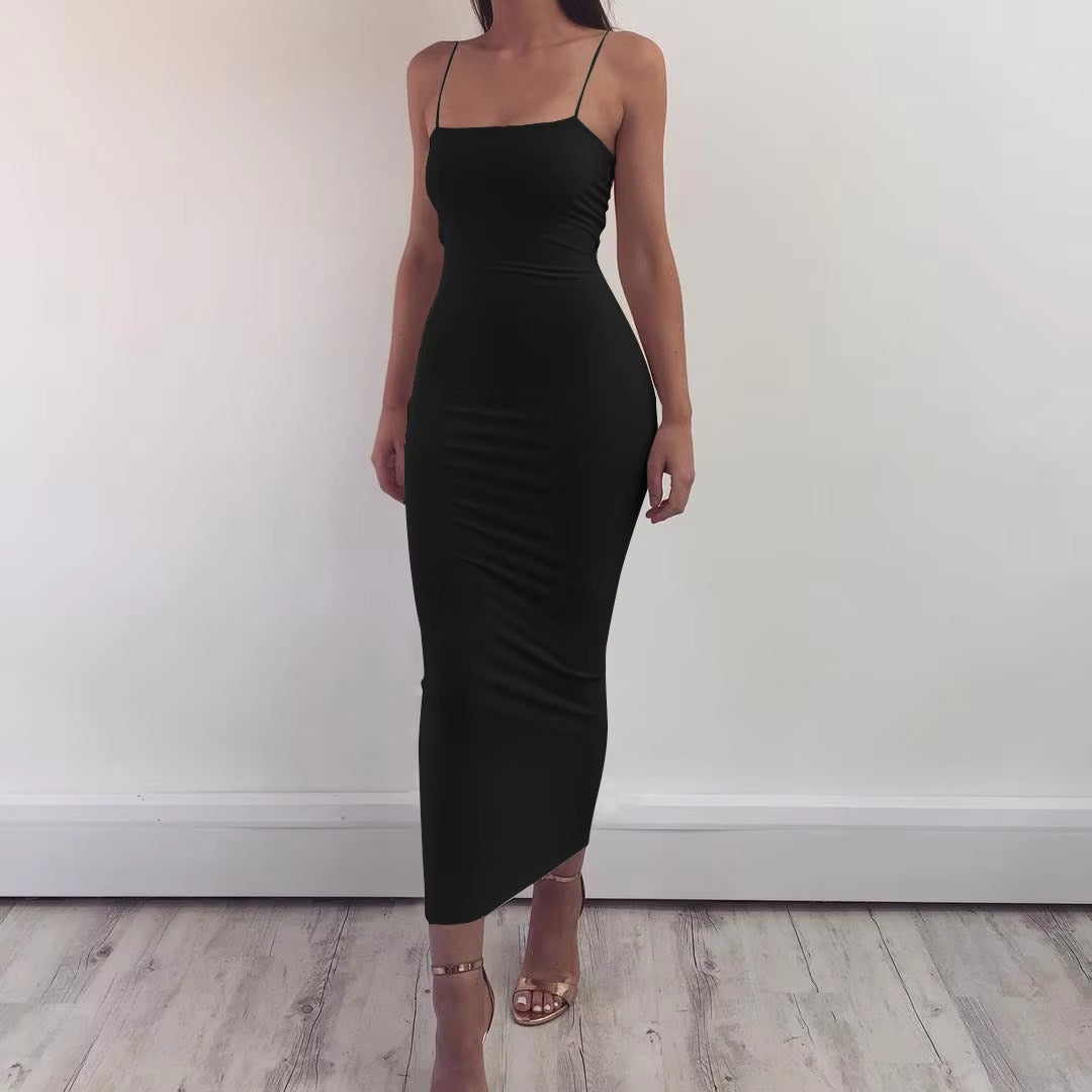 Virline - été femmes robe longue sling robes club sexy bretelles robe Noir