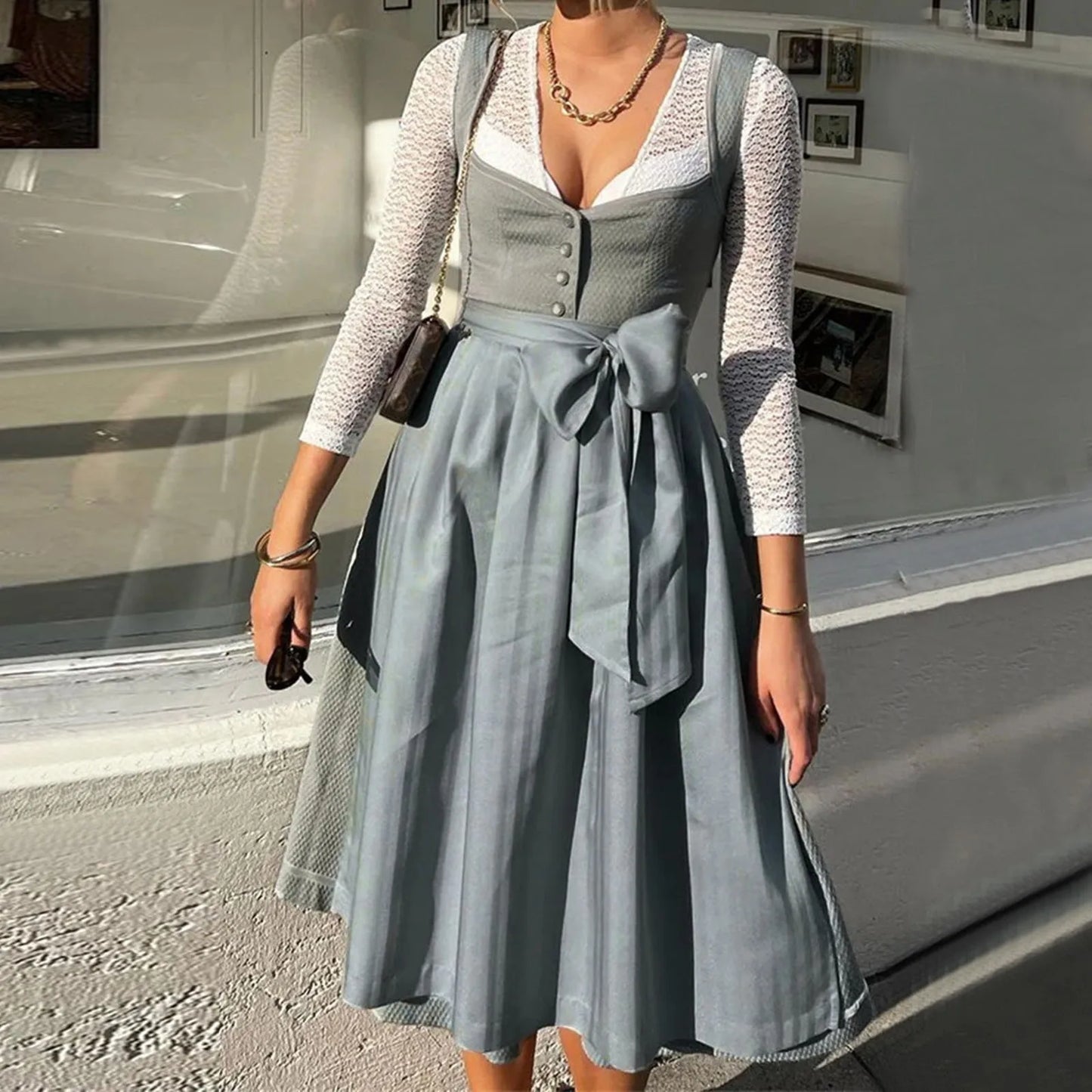 Élaine - Robe dirnd à manches longues pour femme avec noeud Bleu