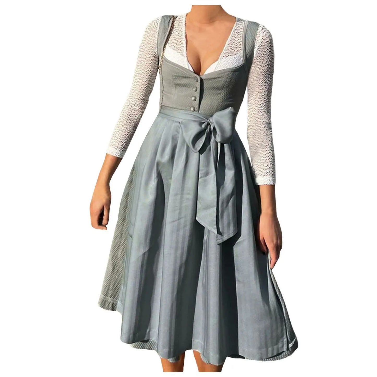 Élaine - Robe dirnd à manches longues pour femme avec noeud Bleu 1