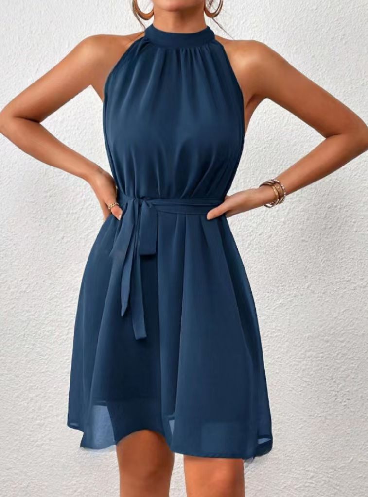 Éliette - Robe courte sans manches avec ceinture Bleu foncé