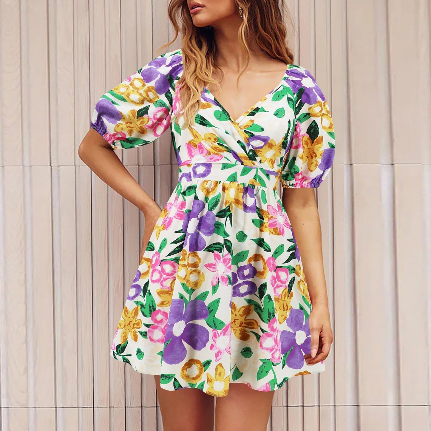Élodia - Mini-robe fleurie à manches bouffantes Rose lilas