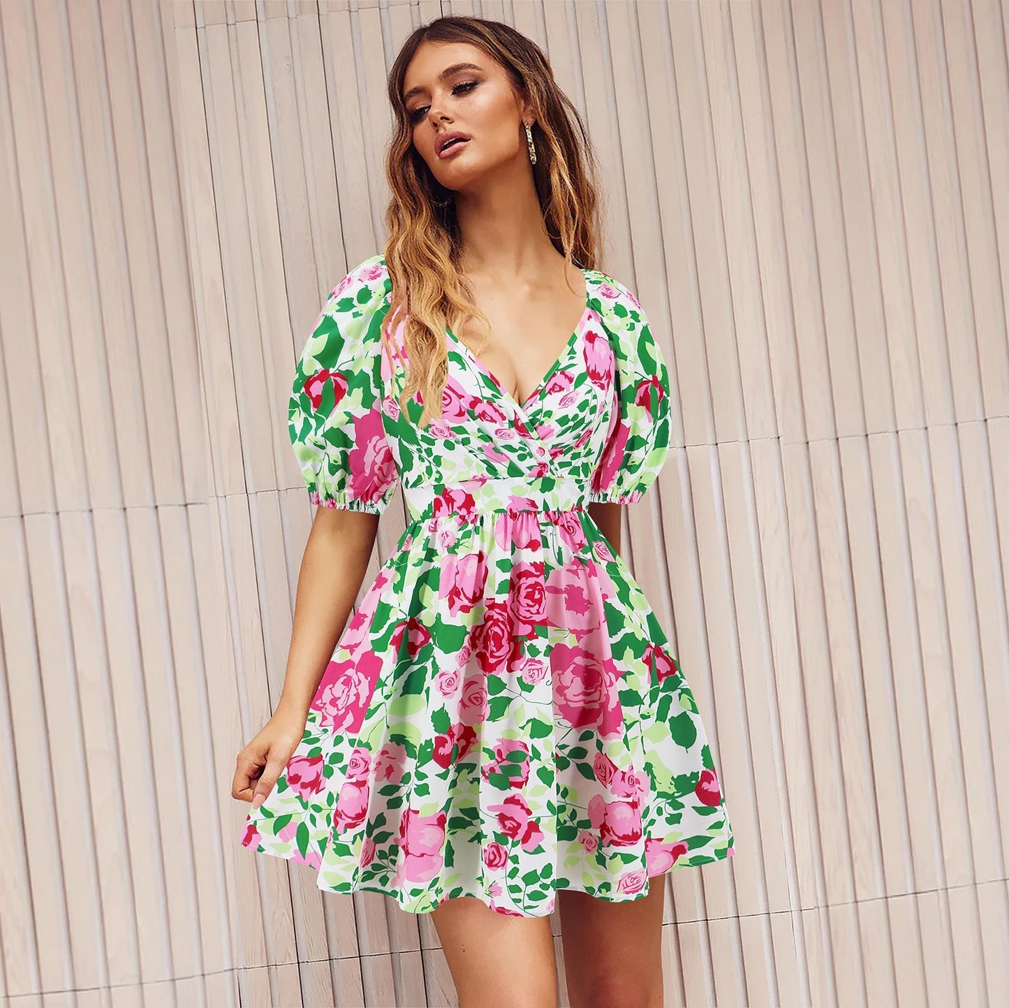 Élodia - Mini-robe fleurie à manches bouffantes Rose verte