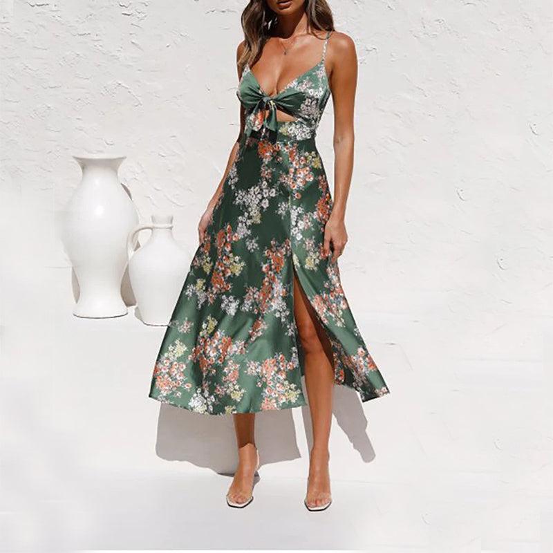 Émy - Longue robe fleurie avec fentes Vert