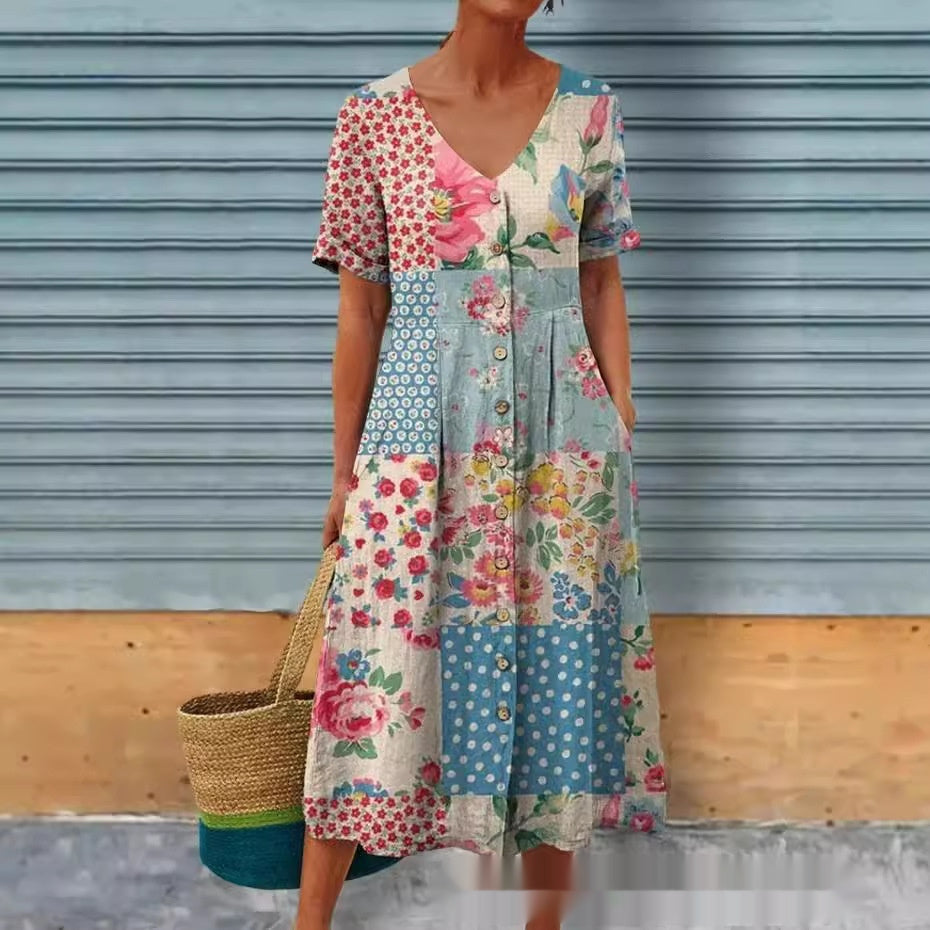 Émyline - Robe midi avec imprimé floral et fermeture boutonnée sur le devant Bleu clair