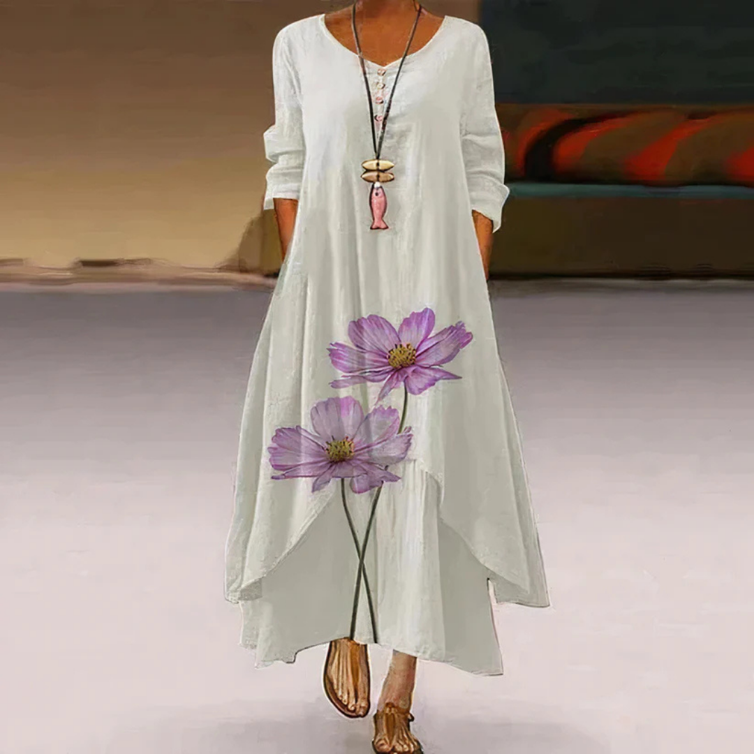 Énola - Robe d'été femme double épaisseur manches longues imprimée Blanc