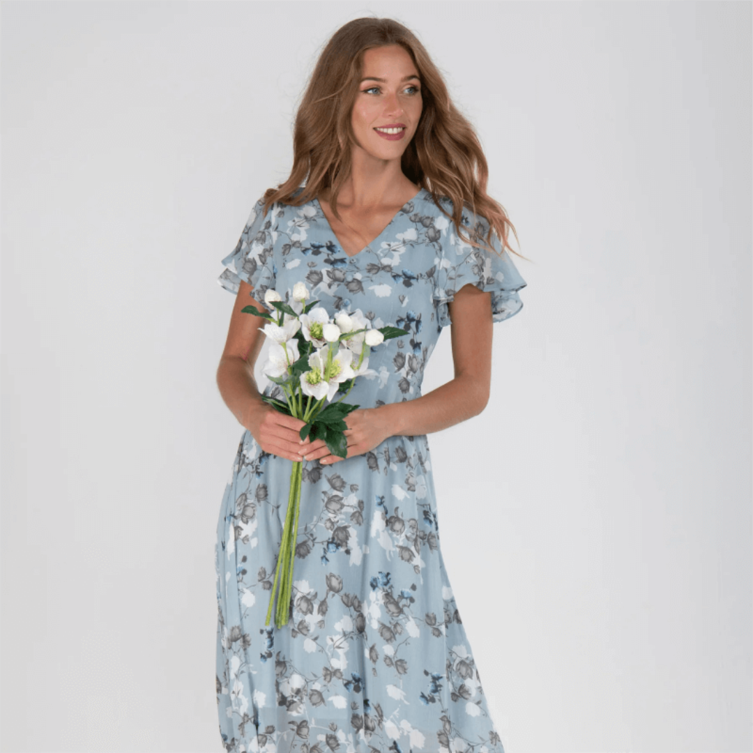 Éviane - Robe d'été formelle fleurie pour invitée de mariage Maxi Bleu