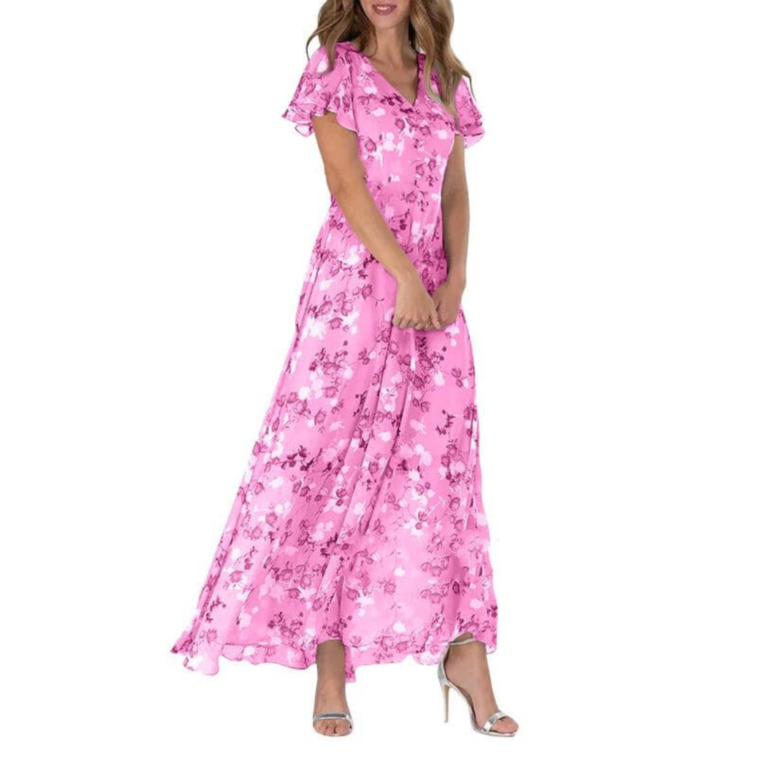 Éviane - Robe d'été formelle fleurie pour invitée de mariage Maxi Rose