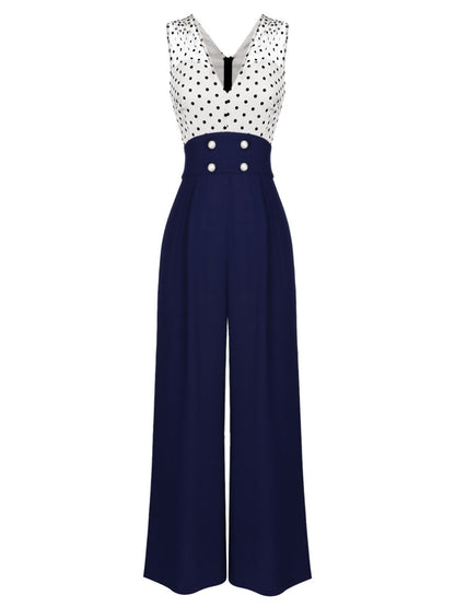 Béatrice – Combinaison Vintage Femme Bleu à Pois Col V Soirée