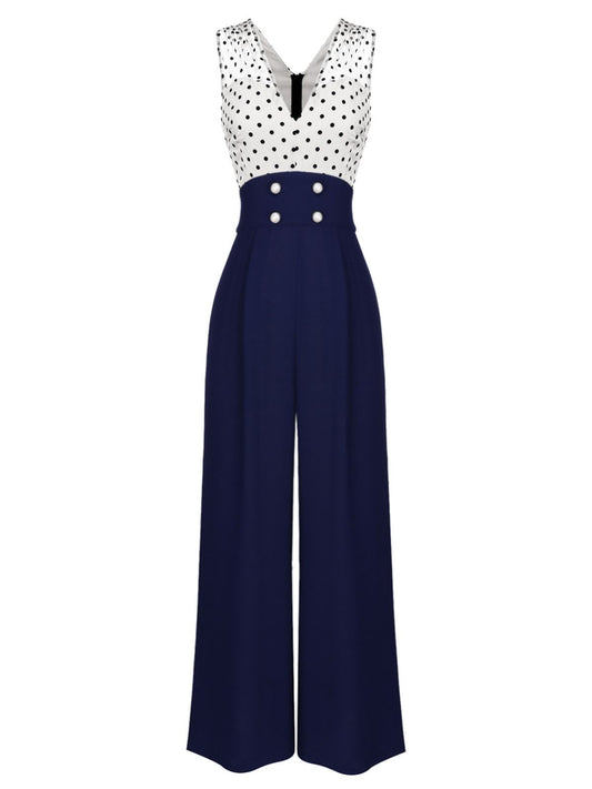 Béatrice – Combinaison Vintage Femme Bleu à Pois Col V Soirée