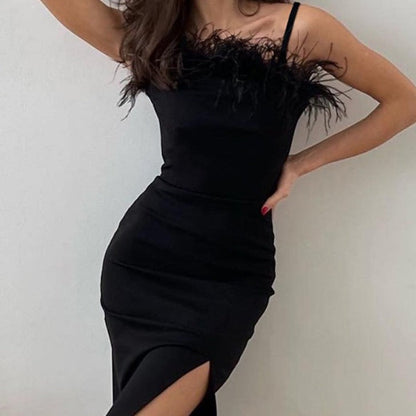 Béatrice - Plume Garniture Haute Fente Robe de Parti Noir