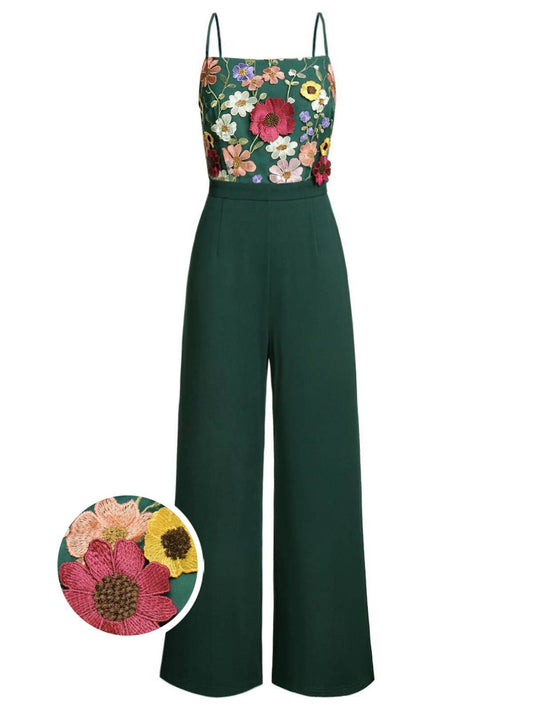 Barbara – Combinaison Verte Femme Patchwork à Fleurs 3D Bretelles 1