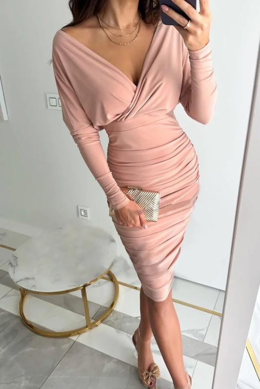 Beline - Robe de fête col V manches longues Rose