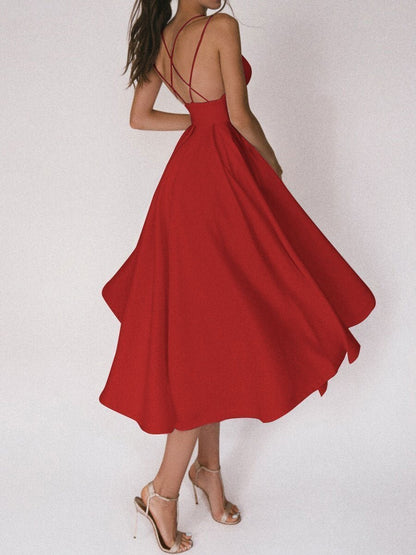 Bertheline - Robe à col en V et bretelles Rouge