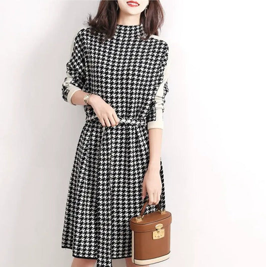 Bessy - Robe à col roulé Houndstooth Noir