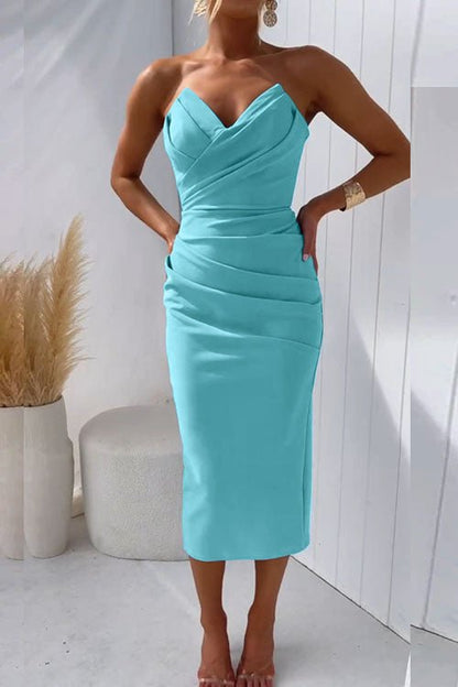 Blandina - Robe de soirée midi sans bretelles avec fente dans le dos Bleu ciel